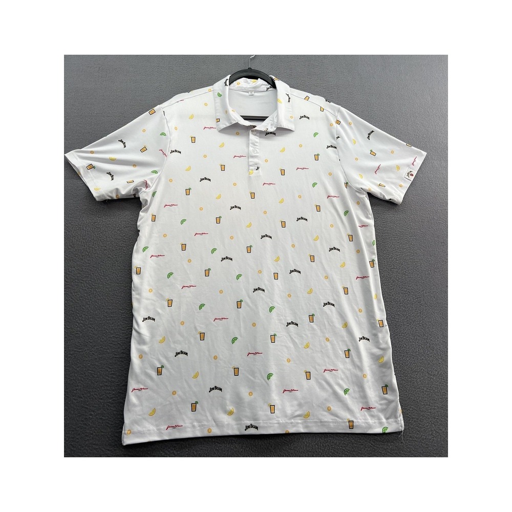 Jim Beam Polo Shirt Mens XL White All Over Cocktail Print Performance Golf